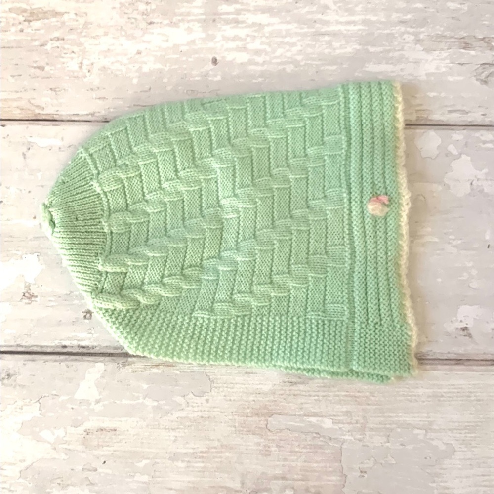 Vintage 1920s Hand Crochet Baby Bonnet Knit Hat Mint Green Flower Embroidery